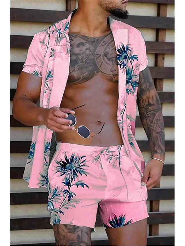 Hawaiian Plants Multicolor Print Men's Shirt and Shorts Two Piece Set Casual Vacation Men's Shirt Set Short Sleeve Button Shirt.