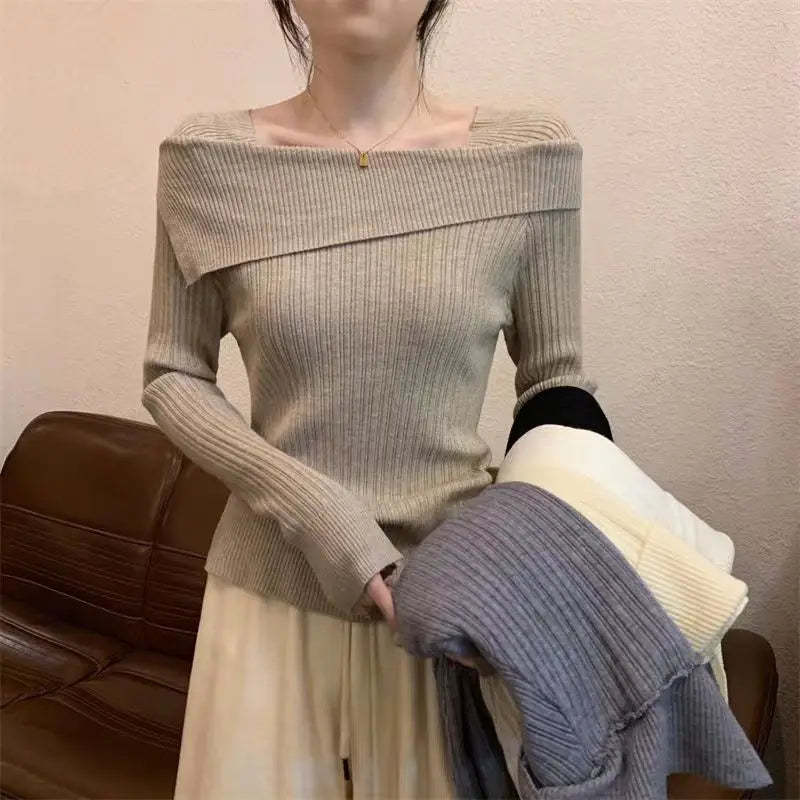 Solide Sexy Schlank Off Schulter Slash Neck Langarm Stricken Pullover Frauen Jumper Büro Mode Neue