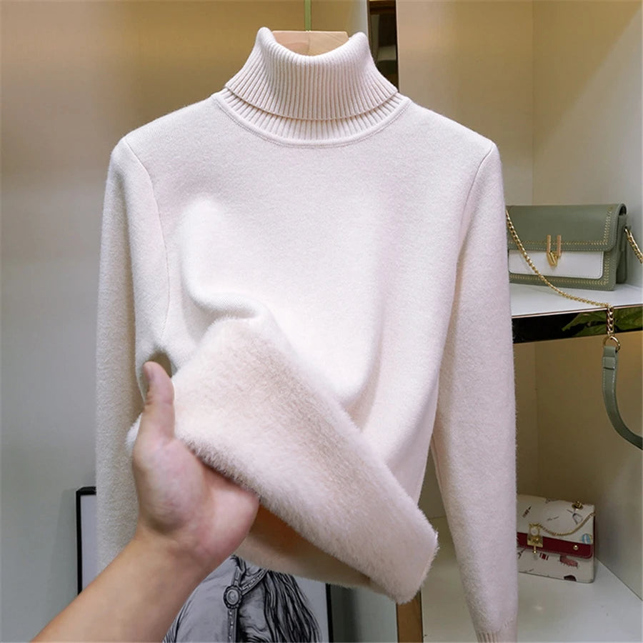 Pullover Für Frauen Winter Verdicken Rollkragen Schlank Stricken Pullover Neue Warme Plüsch Samt Gefüttert Strickwaren Jumper Tops Casual Poleras