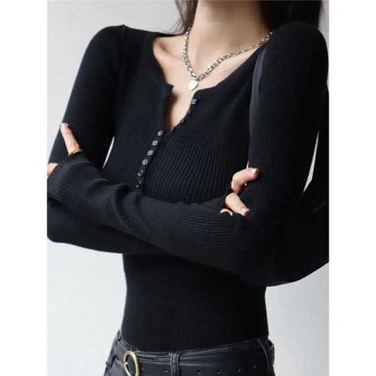 2026 weibliche Casual Tops Pullover Warme V-ausschnitt Frauen Herbst Winter Gestrickte Dünne Pullover Feste Taste Volle Hülse Pullover.