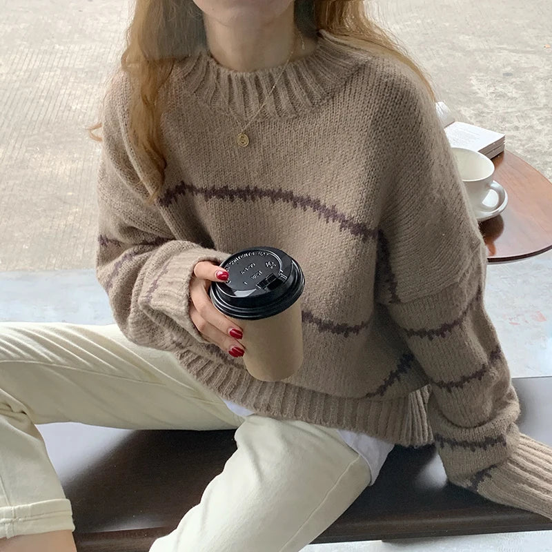 Herbst Winter Gestreiften Pullover Pullover Frauen Gestrickte Shirts Lange Hülse Lose Mock Neck Outwear Casual Pullover Tops Strickwaren