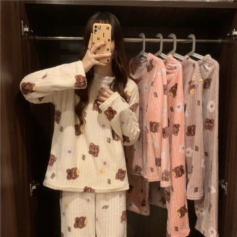 Winter-Damen-Pyjama-Homewear-Anzug, neues warmes Set aus Korallen-Fleece für Herbst und Winter, bequemer warmer Pyjama-Homewear-Anzug