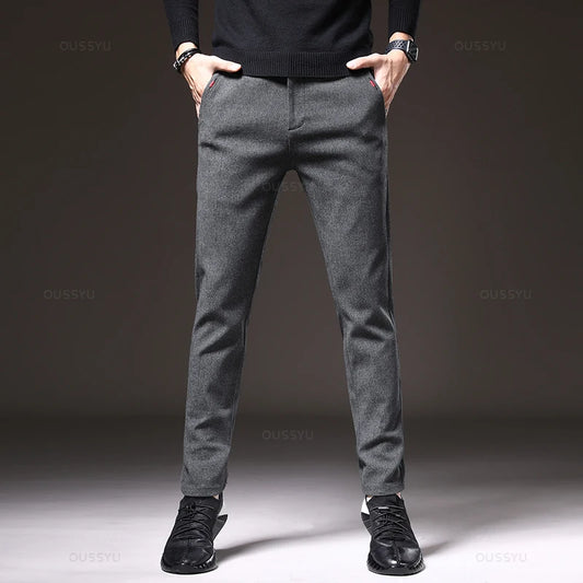 Autumn Winter Men's Brushed Fabric Casual Pants Business Fashion Slim Fit Stretch Thick Gray Blue Black Cotton Trousers Male.