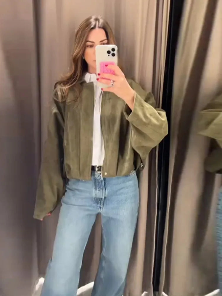2025 herbst frauen Grün Wildleder Jacke Lose Revers Zipper Langarm Taschen Bomber Mantel Neue Mode Dame Dicke Streetwear