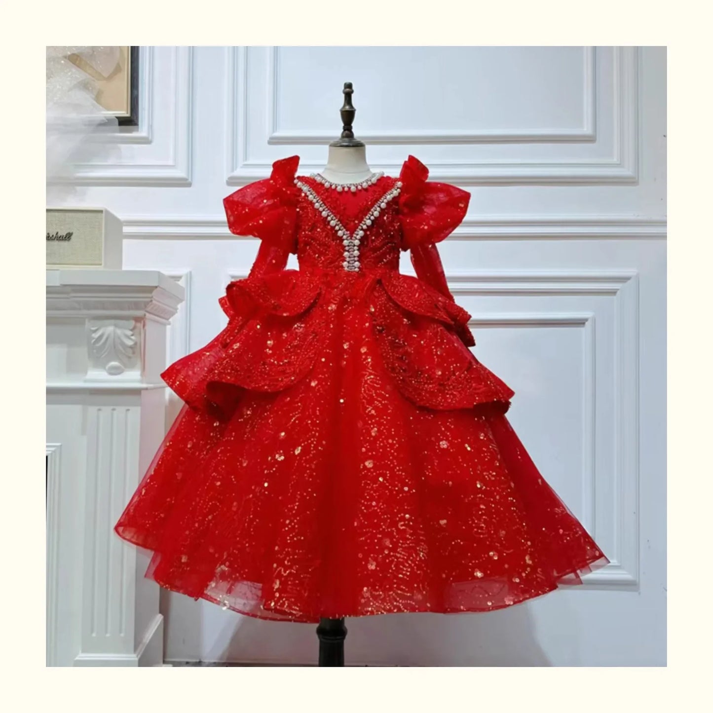 2025, Kinderkleid, Performance-Outfit, Mädchen, Blumen-Pailletten, geschwollenes Kleid, rote Partykleidung, Kinder, Mädchen, Geburtstag, Prinzessinnenkleider, glitzernd