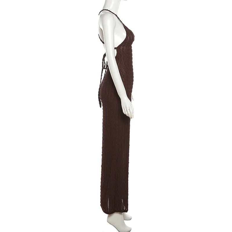 Sexy Streifen Rippen Stricken Schlank Bodycon Maxi Kleid Frauen Ärmellose Backless Lange Popcorn NDress Elegante Club Party Vestidos