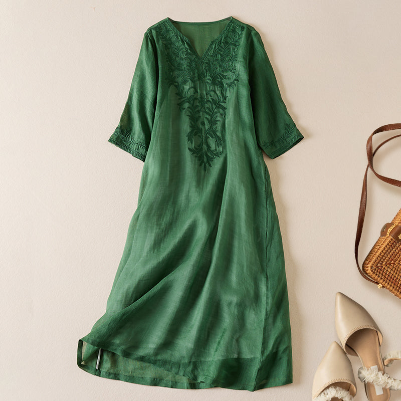 Vintage bedruckte Frauen kleider neue französische lose V-Ausschnitt Kleidung Kurzarm Sommer A-Linie Stickerei Empire Kleid