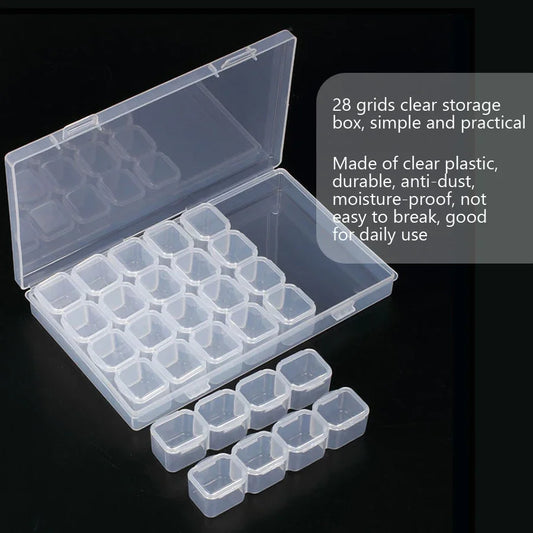 Clear Storage Box 28 Grids Separate Slots Jewelry Beads Nail Art Rhinestones Organizer Display Case for Craft Tools.