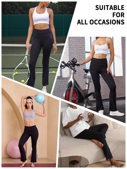 Women's Super Soft Flare Pants with Pockets High Waisted Tummy Control Workout Yoga Push Up Gym Fitness Leggings Bell Bottoms.