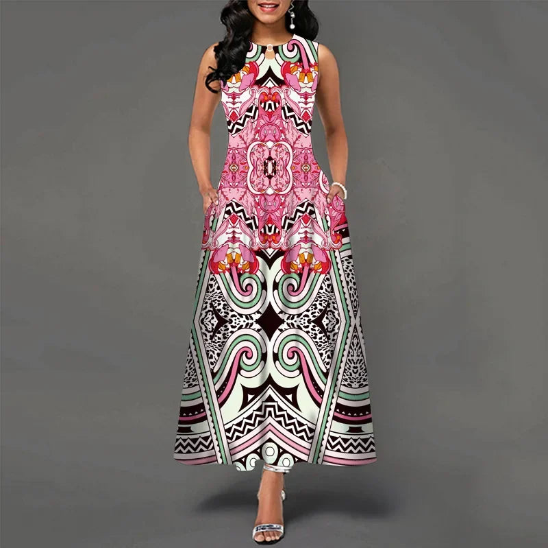 Blumendruck Neues lässiges ärmelloses langes Kleid Damen V-Ausschnitt bedrucktes Kleid Swing Bohemian Retro Kleider