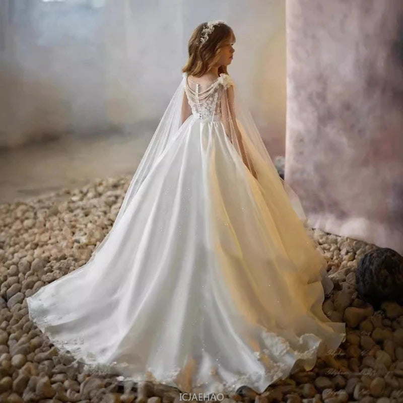 Weißes Mädchen-Hochzeits-Blumenmädchenkleid für Kinder, ärmellos, Ballkleid, langer Zug, Party, Festzug, Klavier, Rezital, Geburtstag, Leistung, Neu