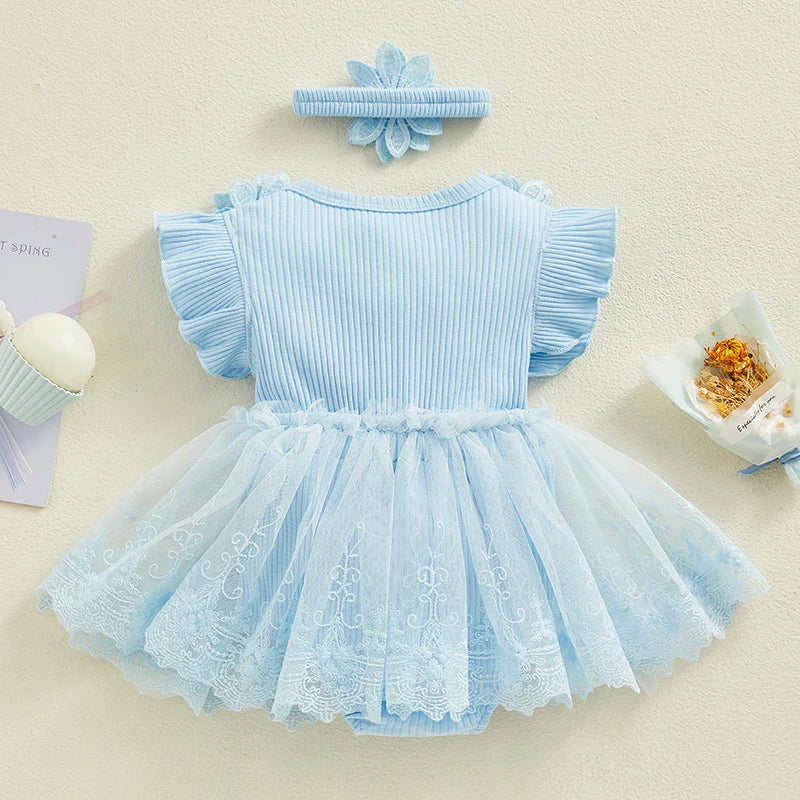 Visgogo Neugeborenen Baby Stram pler Kleid 2 Stück Outfits Mesh Spitze Patchwork Rüschen Bodysuit und Stirnband süße Sommerkleid ung