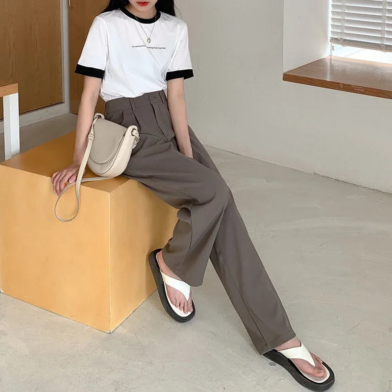 Hohe Taille Frauen Anzug Hosen fallen gerade Büro Damen koreanische Mode Hosen lässig Knopf lose weibliche schwarze Hosen neue 2024