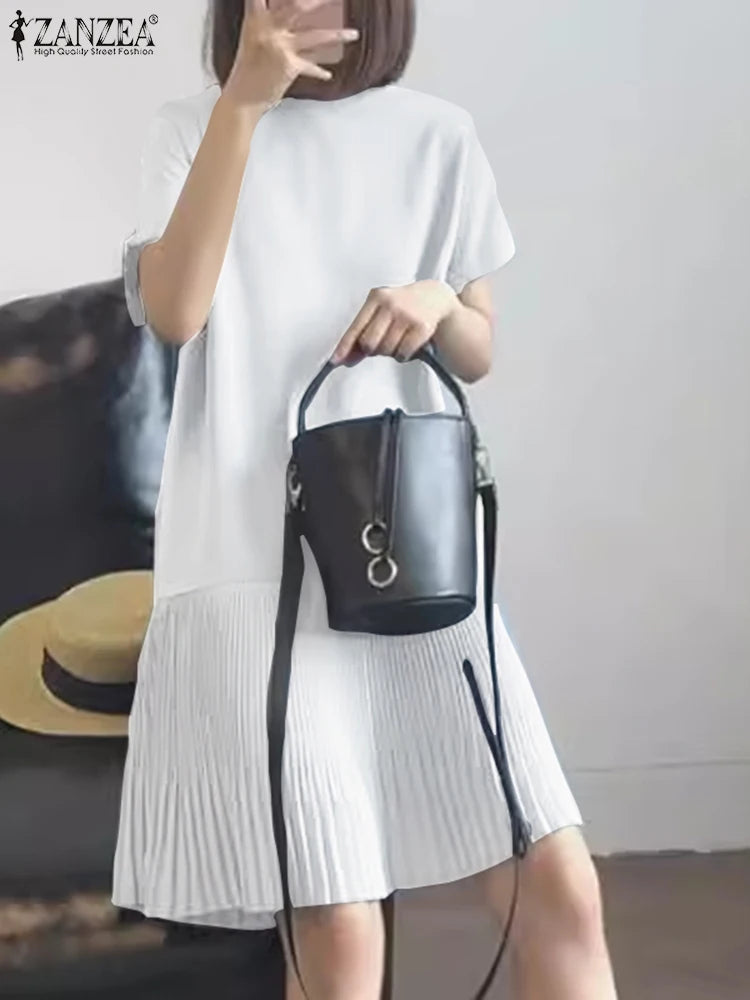 Zanzea lässig solide plissierte Kleid Frauen Sommer Kurzarm knielange Robe 2024 koreanische lose einfache Patchwork Vestido Overs ize
