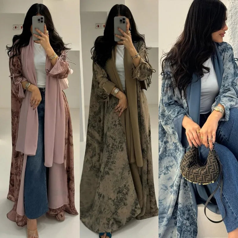 2025 sommer Arabisch Frauen Muslimische Kleidung Ramadan Dubai Offene Abaya Kleid mit Hijab Islam Gedruckt Chiffon 2 Stück Outfit
