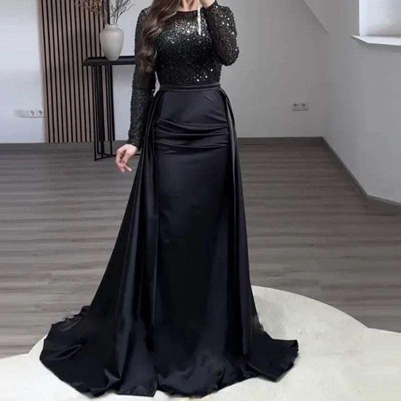 Elegant Satin Sequin Stitching Dress Luxury Glitter High Waist Gala Evening Dress Women Chic Long Sleeve Full Length Party Dress