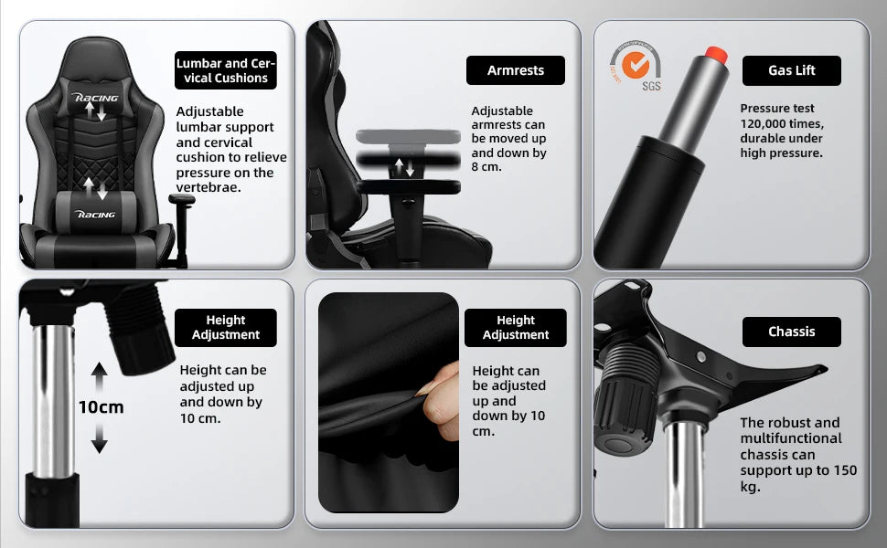 AUTHMIC Ergonomischer Gaming-Stuhl, Büro-Liegestuhl mit Lordosenstütze, verstellbare Armlehne, 150 kg Belastung für Heimarbeit, Gamer-Setup