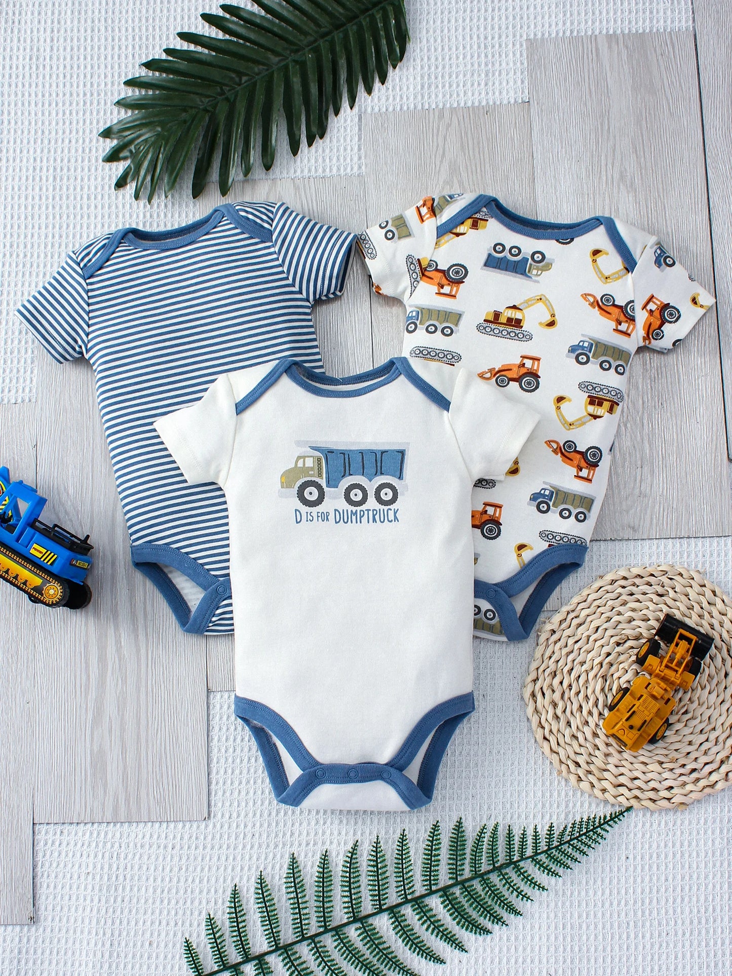 3PCS Sommer Jungen Baby Body Drei stück Set Cartoon Lkw und Streifen Muster Kurzarm Taste Design Dreieck body