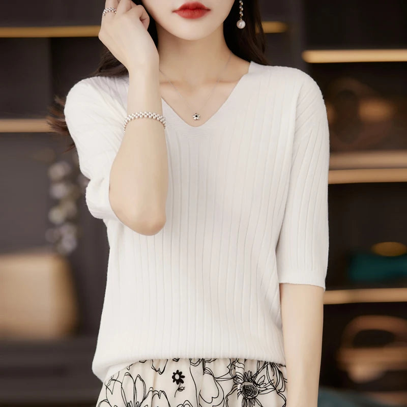Frauen Pullover Frühling Sommer Kurzarm V-ausschnitt Strick Hemd Casual Koreanische Pullover Streifen Bodenbildung Shirt Slim Fit Jumper