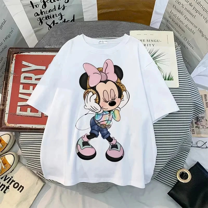 Disney New Minnie Kawaii Fun Damen bedrucktes T-Shirt Mode Sommer Cartoon Minnie Top Y2K Damen Extra großes Baumwoll-T-Shirt