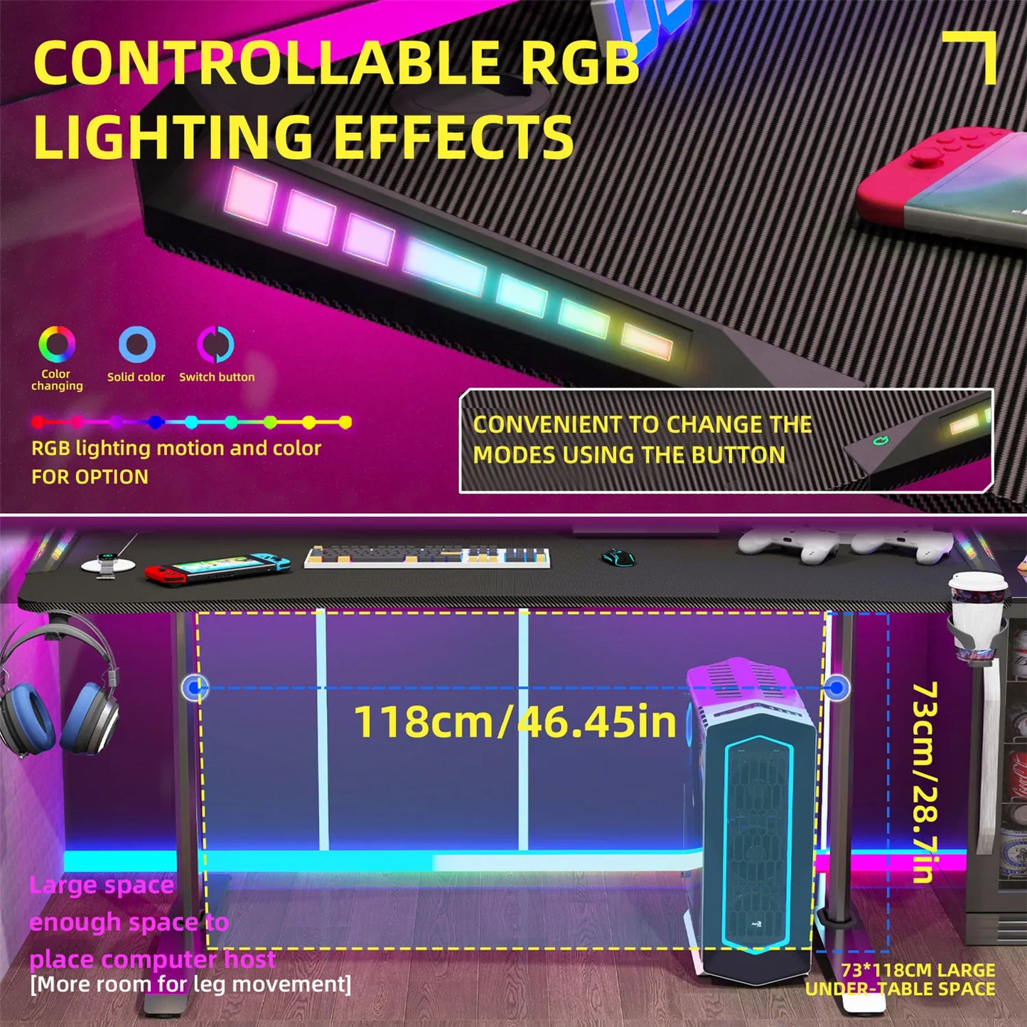 Jumbo-Gaming-Schreibtisch mit Monitor regal, großer PC-Computer tisch mit LED-Beleuchtung, Spieltisch-Gamer-Schreibtisch für Schlafzimmer, Home-Office