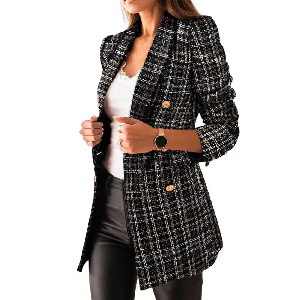 Frauen Herbst Blazer Revers Strickjacke Lange Ärmeln Doppel-breasted Slim Fit Warm Lässige Dick Plaid Print Lady Mantel für arbeit Jacke
