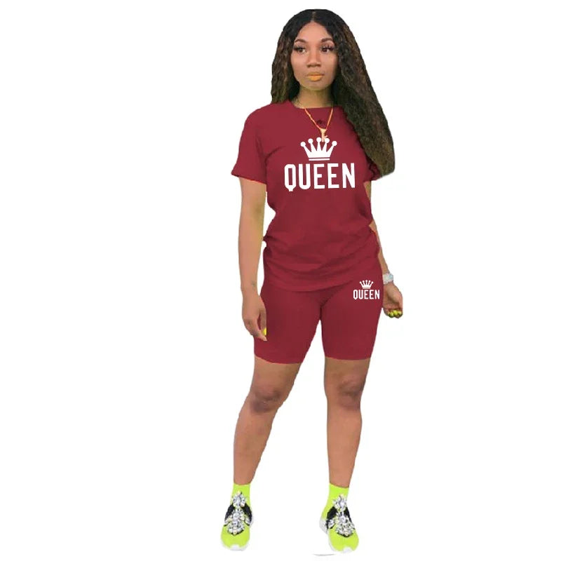 Sommer-Damen-Trainingsanzug, Queen-Druck, T-Shirt + Shorts, 2-teiliges Set, modische lässige Sportbekleidung, Kleidung, luxuriöser kurzer Jogging-Anzug
