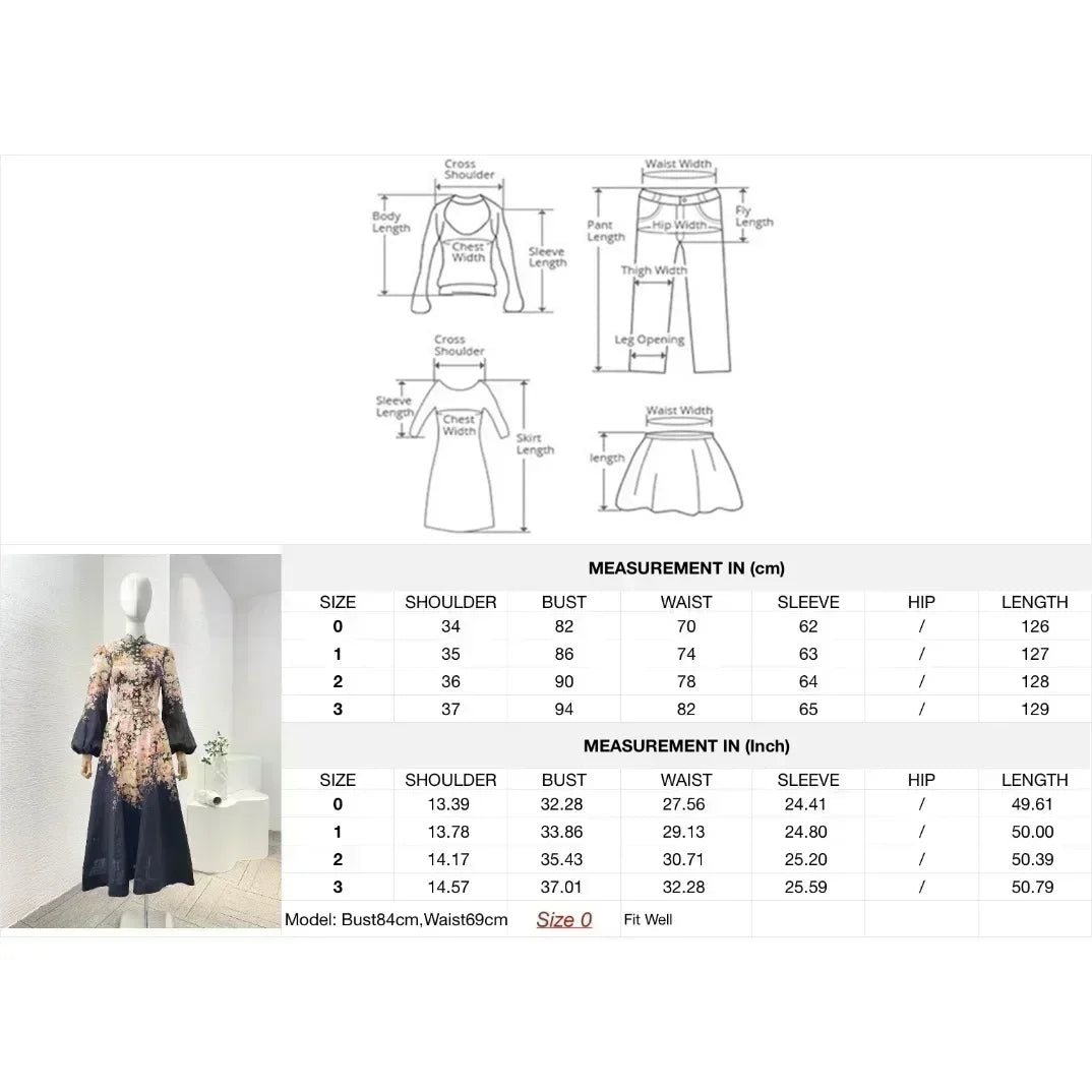 Schwarzes Leinen-Midikleid mit Rokoko-Blumendruck, langen Ärmeln und hoher Taille