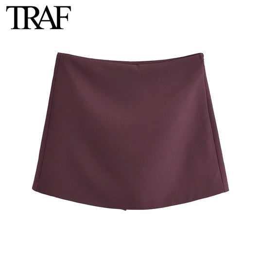 TRAF Shorts for Women Fashion Autumn Winter New Comfortable Casual Solid Color Side Zip Middle-waisted A-line Culotte Skirt Pant.