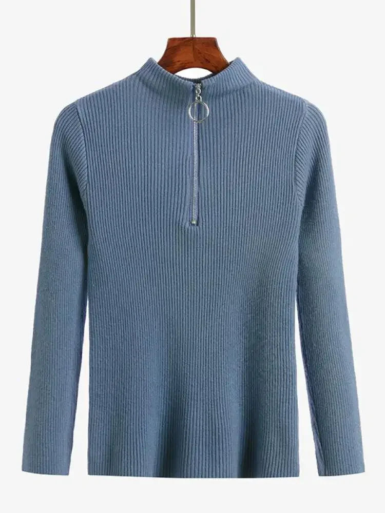 Frauen Fashion Solid Strick Pullover Vintage Langarm Zip-up Grundlegende Hälfte Rollkragenpullover Weibliche Pullover Chic Casual Tops