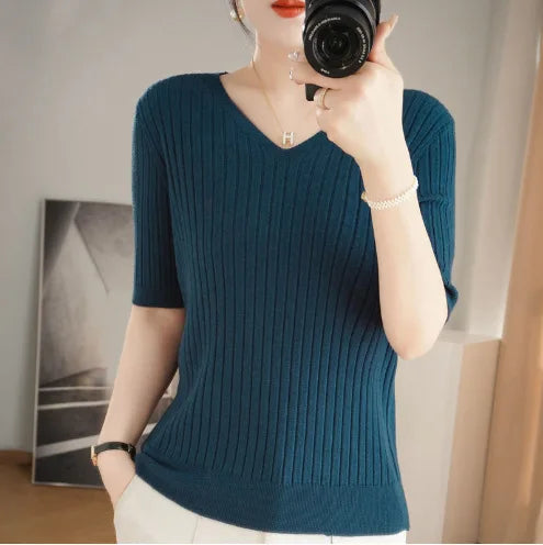 Frauen Pullover Frühling Sommer Kurzarm V-ausschnitt Strick Hemd Casual Koreanische Pullover Streifen Bodenbildung Shirt Slim Fit Jumper