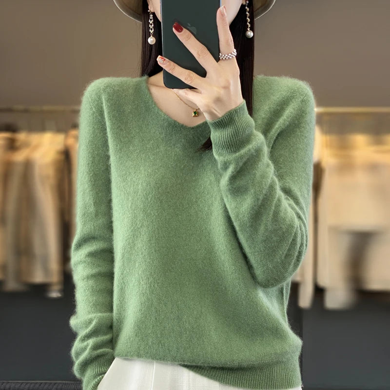 2024 100% Merino Reine Wolle V-ausschnitt Herbst Und Winter Pullover Pullover Neue Kaschmir Pullover frauen Beiläufige Gestrickte Top DMR201