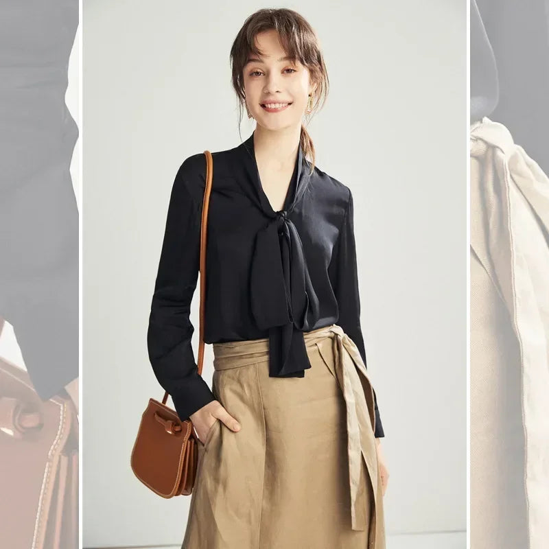 Silk Shirt Women's Thick Temperament Streamer 2025 Spring and Summer New Mulberry Silk Lace-up Design Shirt Long-sleeved Top