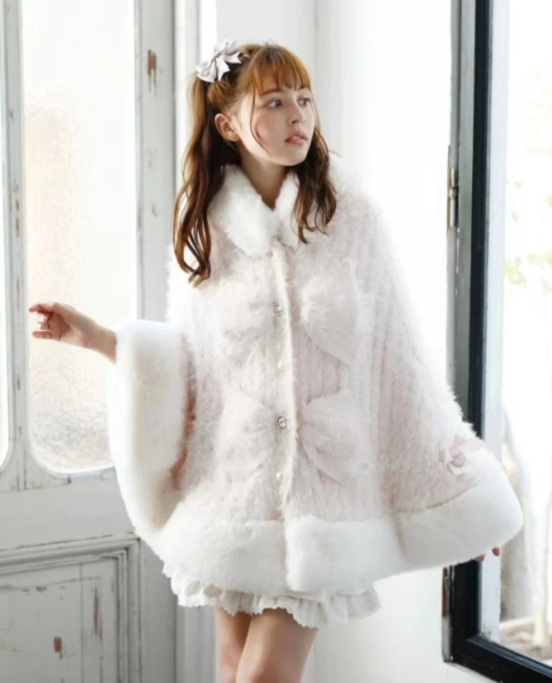 Japanische Liz Süße Prinzessin Faux Kaninchen Fell Cape Mantel Frauen Herbst Winter Pelz Jacke Lose Uhr Strass Bogen Mit Kapuze Mantel