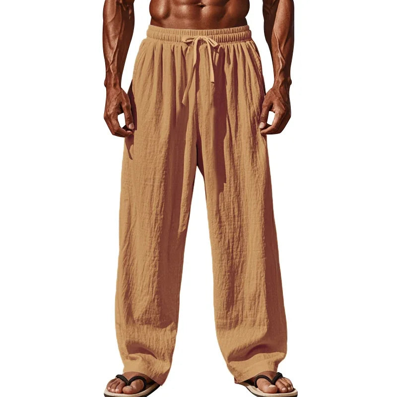 Men's Linen Casual Pants Elastic Waist Beach Pants Lightweight Drawstring Summer Yoga Pants Solid Color Beach Pants