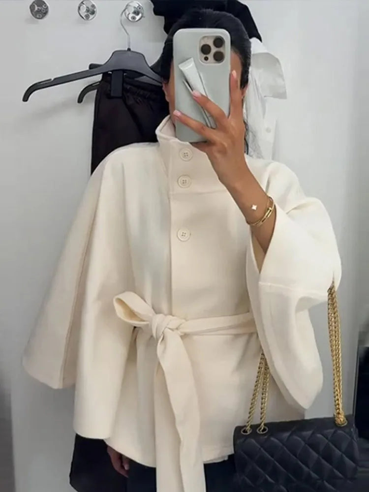 Damenmantel, kurze Cape-Mäntel für Damen, Gürtel, Mäntel aus Kunstwolle und Mischungen, Herbst-Winter, feste Mäntel, elegante Umhangjacke für Damen