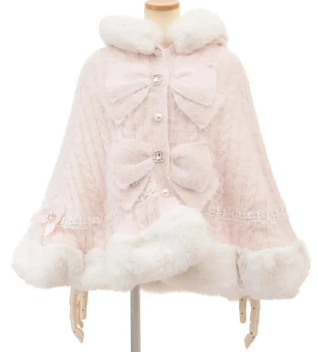 Japanische Liz Süße Prinzessin Faux Kaninchen Fell Cape Mantel Frauen Herbst Winter Pelz Jacke Lose Uhr Strass Bogen Mit Kapuze Mantel