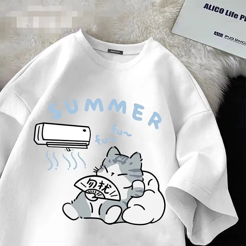 Summer Japanese Cartoon Cute Cat Fun Print Short Sleeve T-shirt Women's Loose Casual Half Sleeve Soft Bottom Plus Size Shirt Top.