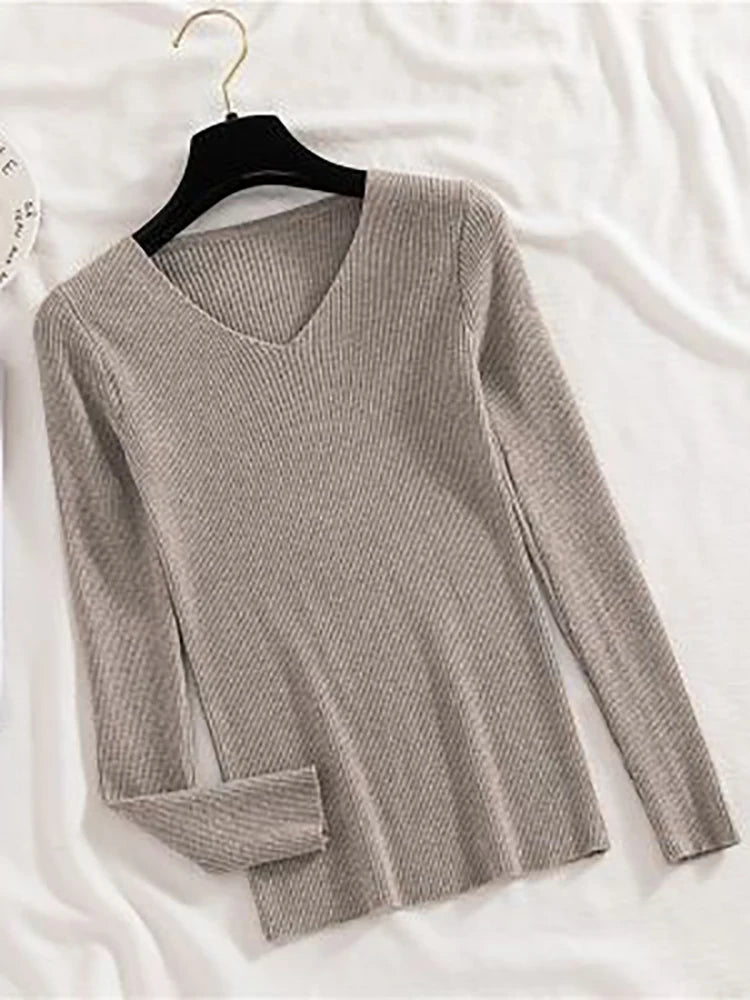 2025 mode V-ausschnitt Elastische Grundlegende Top Neue Frauen Pullover Herbst Winter Langarm Pullover Weibliche Winter Solide Strick Jumper