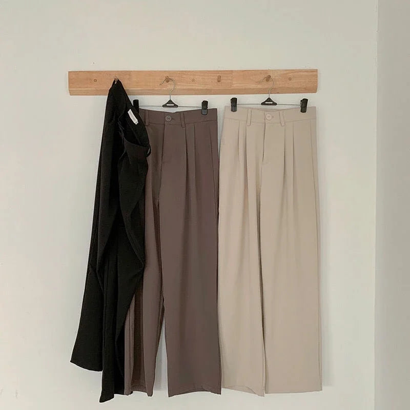 Hohe Taille Frauen Anzug Hosen fallen gerade Büro Damen koreanische Mode Hosen lässig Knopf lose weibliche schwarze Hosen neue 2024