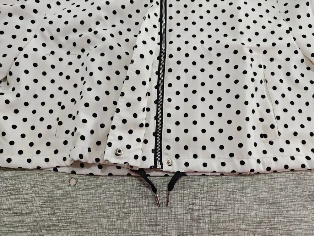 TRAFZA Herbst Polka Dot Gedruckt Jacke Für Frauen Lange Ärmel Rollkragen Zipper Mit Taschen Kordelzug Lose Vintage Mäntel