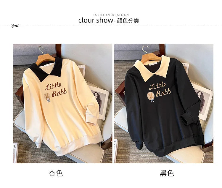 175kg plus size Damen büste Herbst lose Revers Sweatshirt Langarm lässig Top schwarz Aprikose 6xl 7xl 8xl 9xl 10xl 11xl