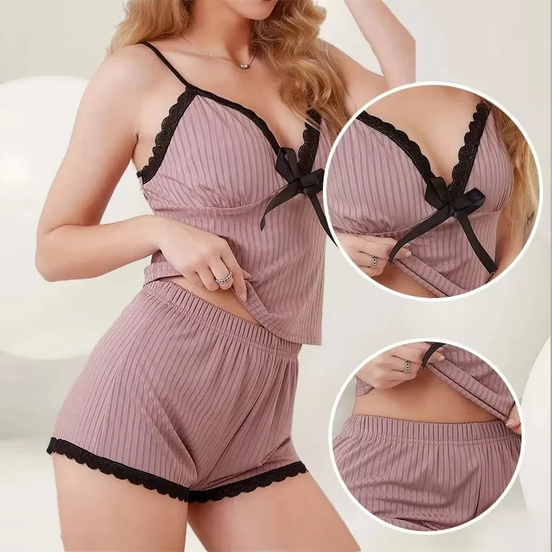 Neues sexy geripptes Pyjama-Set für Damen mit Spitzenbesatz, Cami-Top und Shorts, zweiteilige Nachtwäsche, Loungewear, V-Ausschnitt mit Schleife, Spaghettiträger