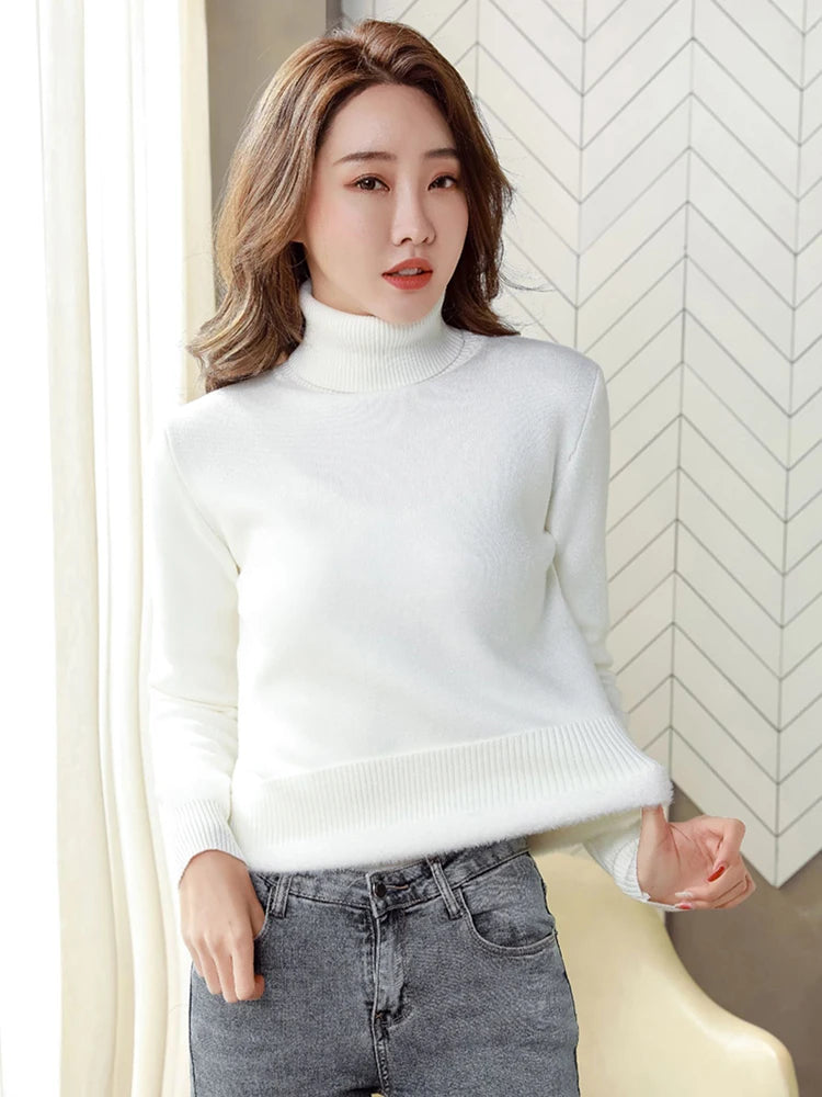 Pullover Für Frauen Winter Verdicken Rollkragen Schlank Stricken Pullover Neue Warme Plüsch Samt Gefüttert Strickwaren Jumper Tops Casual Poleras