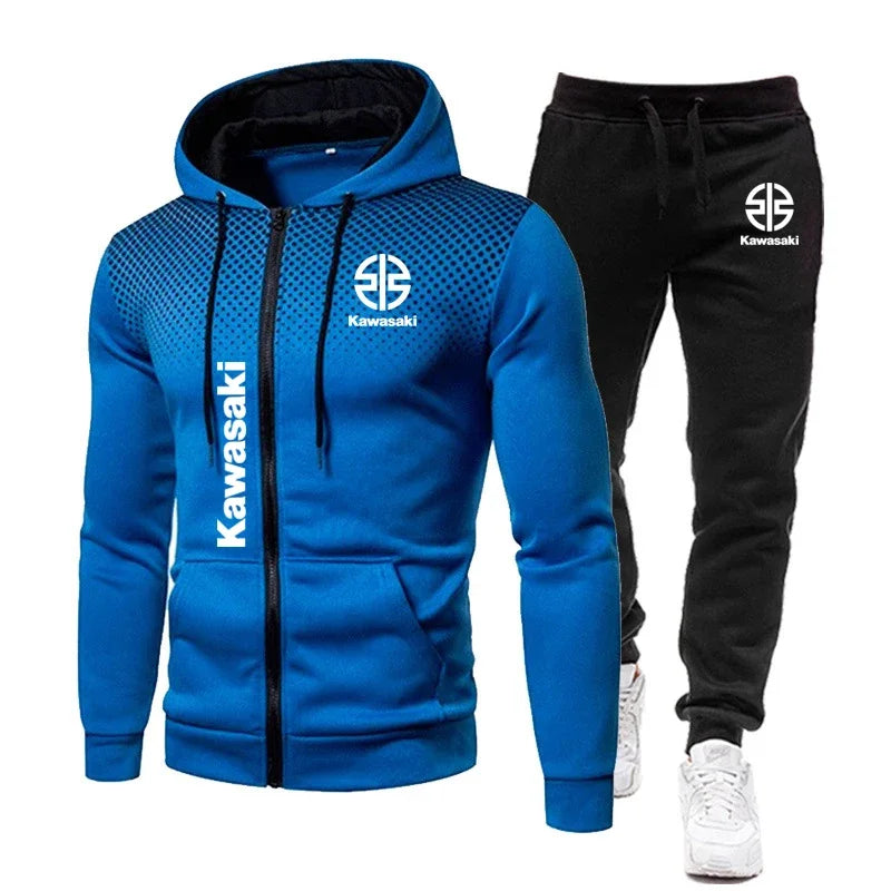Kawasaki Logo Motorcycle Racing Men's Polka Dot Hoodie Set Fashion Men's Zipper Sports Set Sports Set.