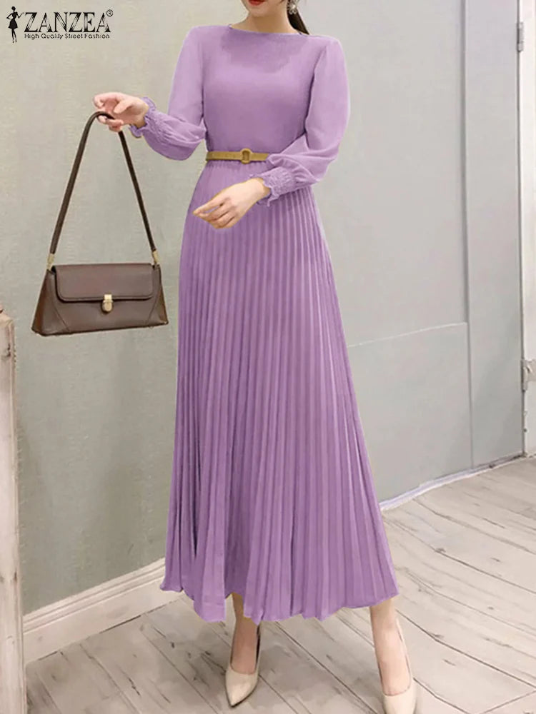 ZANZEA Elegantes Damen-Plisseekleid, edel, gesmokte Bündchen, langärmelig, O-Ausschnitt, Fit und Flare, lang, Vestidos, Pendeln, solide Party-Roben