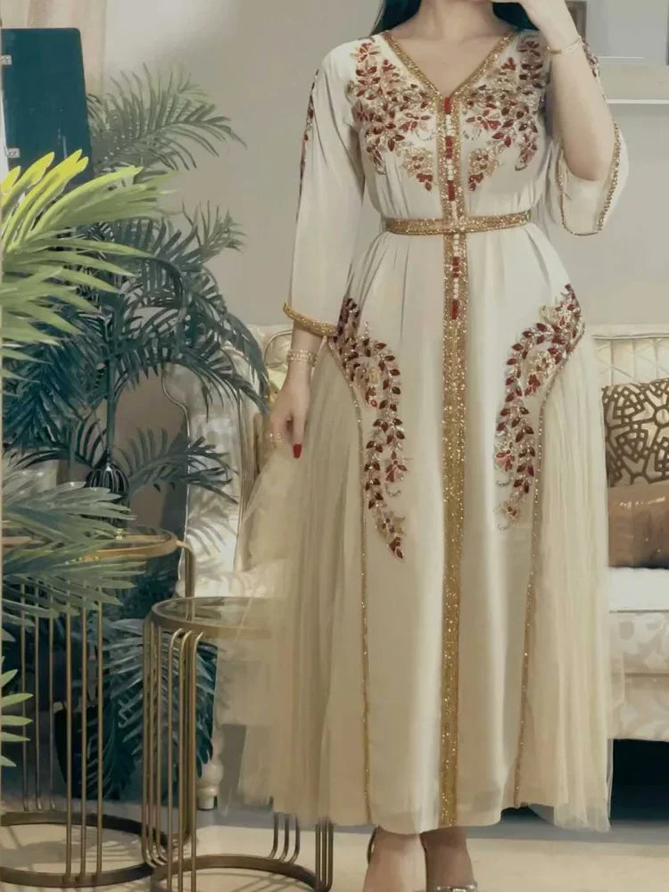 Indien Türkei Muslimischen Abaya Kleider Frauen Elegante Diamant Hochzeit Abend Party Kleid Spitze Gürtel Abaya Marokko Kaftan Robe