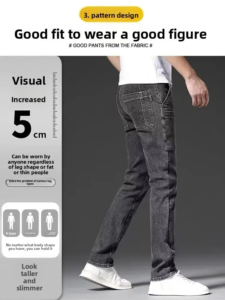 Elastische Herrenjeans, lässig, lockere Passform, mehrere Taschen, sechs Taschen, vielseitig, stilvoll, trendig, lockere Hose, männliches Modell