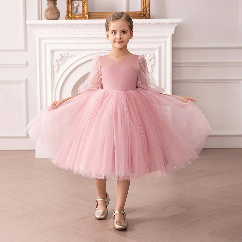 Kinder Kleider V-Rücken Große Schleife Perlen Prinzessin Kleid Geburtstag Party Tüll Kleid Für Mädchen Leistung Hochzeit Prom Flauschigen kleid