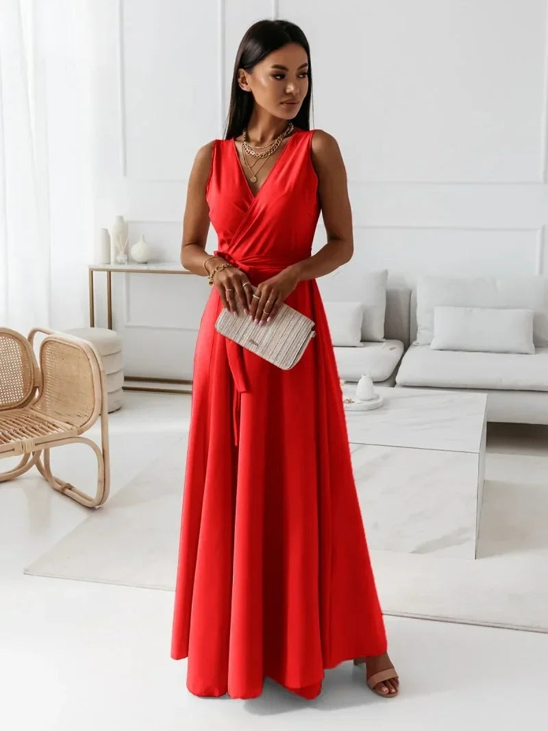 Frühling Sommer Neue Stil frauen Lange V-ausschnitt Kleid Reine Farbe Maxi Kleid Ärmelloses Empire-Taille Kleid für Damen Modische